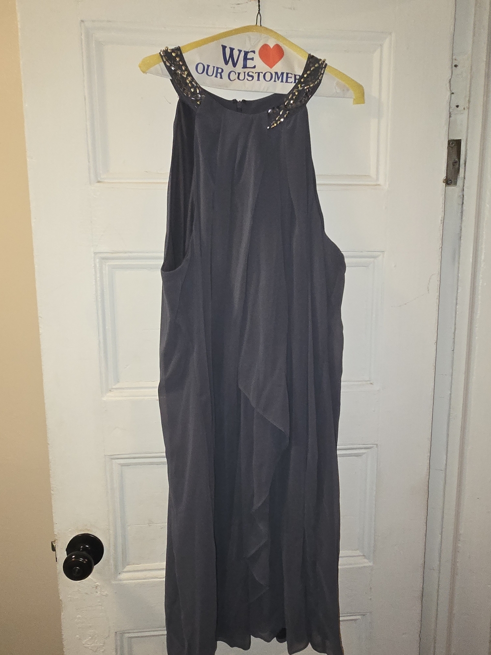 SLNY Charcoal Gray Embellished Halter Dress
